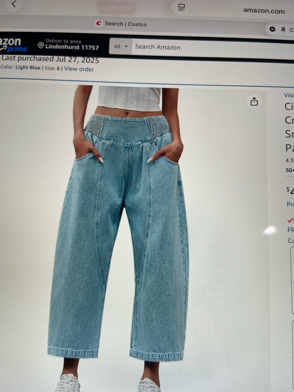 Smocked-Waist Light Blue Cropped Wide-Leg Jeans